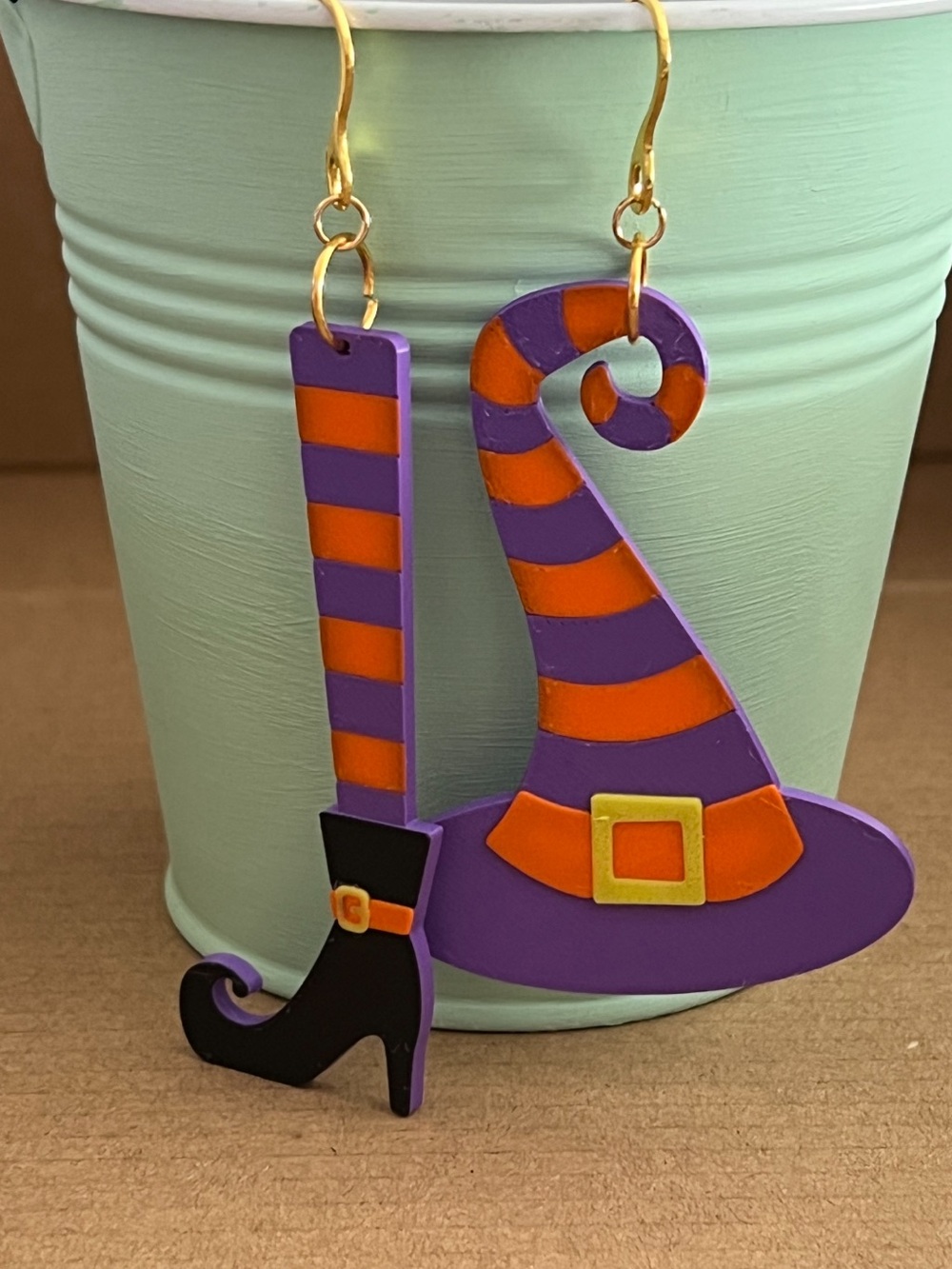 Purple & Orange Witch Hat and Boot Dangle Earrings - Women Accessories